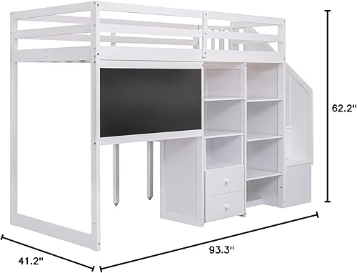 Miniatura 37 de Quarte Cama alta multifuncional, cama alta tamaño matrimonial con escritorio integrado y estantes de almacenamiento, dos cajones y escalera de