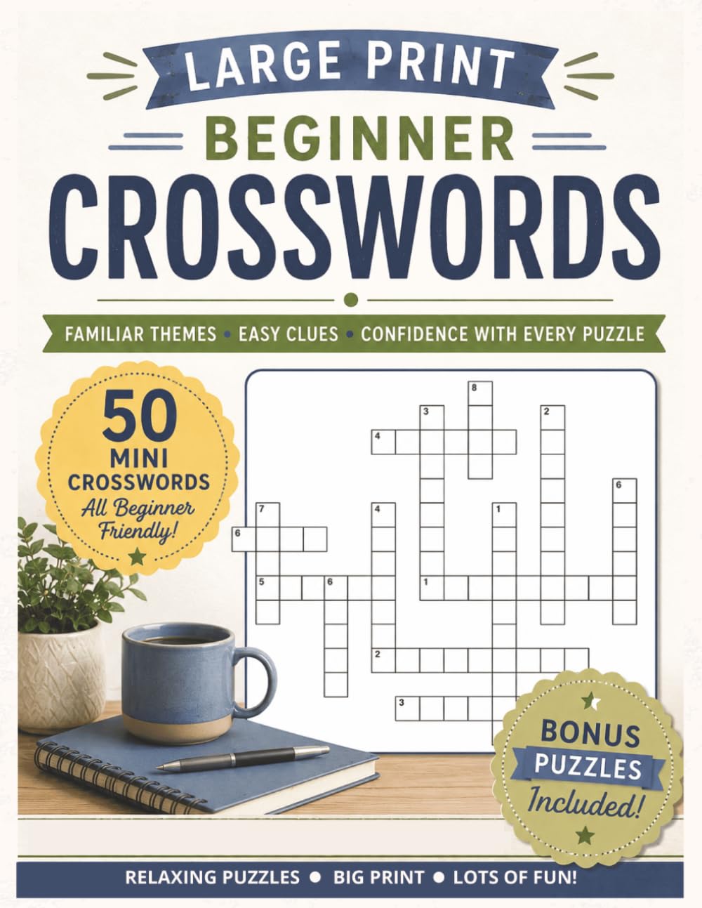 Large Print Beginner Crosswords: 50 Mini Crossword Puzzles with Familiar Clues, Everyday Themes, and Bonus Puzzles Included | Thoughtfully Designed ... Adults, and Everyone (Crossword Books)