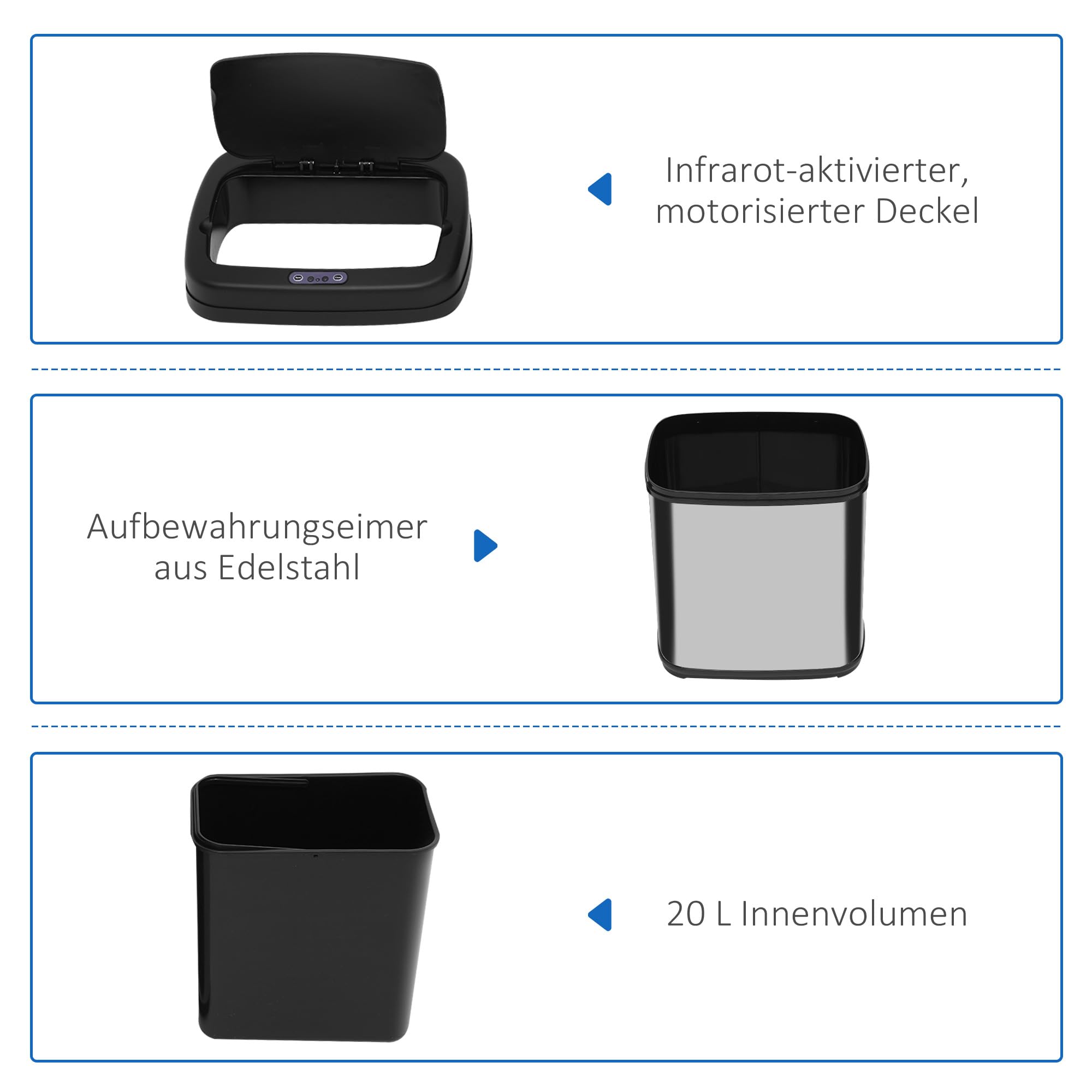 HOMCOM Sensor Mülleimer 20L Edelstahl mit Bewegungssensor Silber+Schwarz | Automatischer Mülleimer, Abfalleimer mit Inneneimer, Müllbehälter, Abfallbehälter für Büro, Schlafzimmer, Küchen
