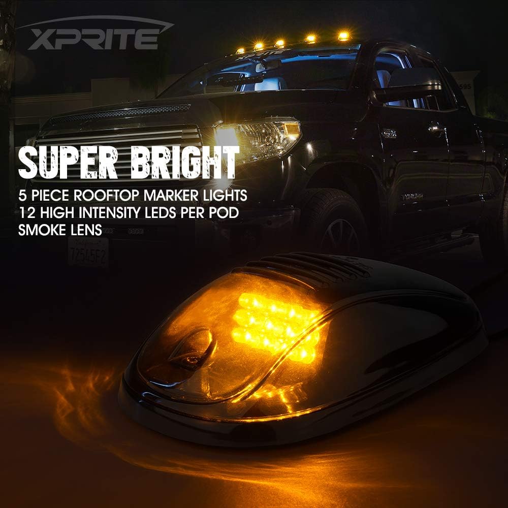 Xprite Black Smoked Lens 16 LEDs Cab Clearance Light 5 Pcs Roof Top Marker Running Lights Kit for Ford Dodge Ram Trucks SUV POV Pickup - Amber Yellow
