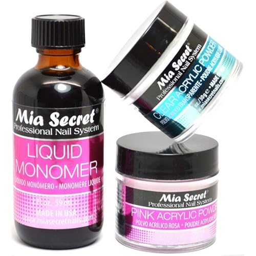 Mia Secret SECRET 2oz LIQUID MONOMER + 1oz CLEAR + 1oz PINK ACRYLIC POWDER NAIL ART