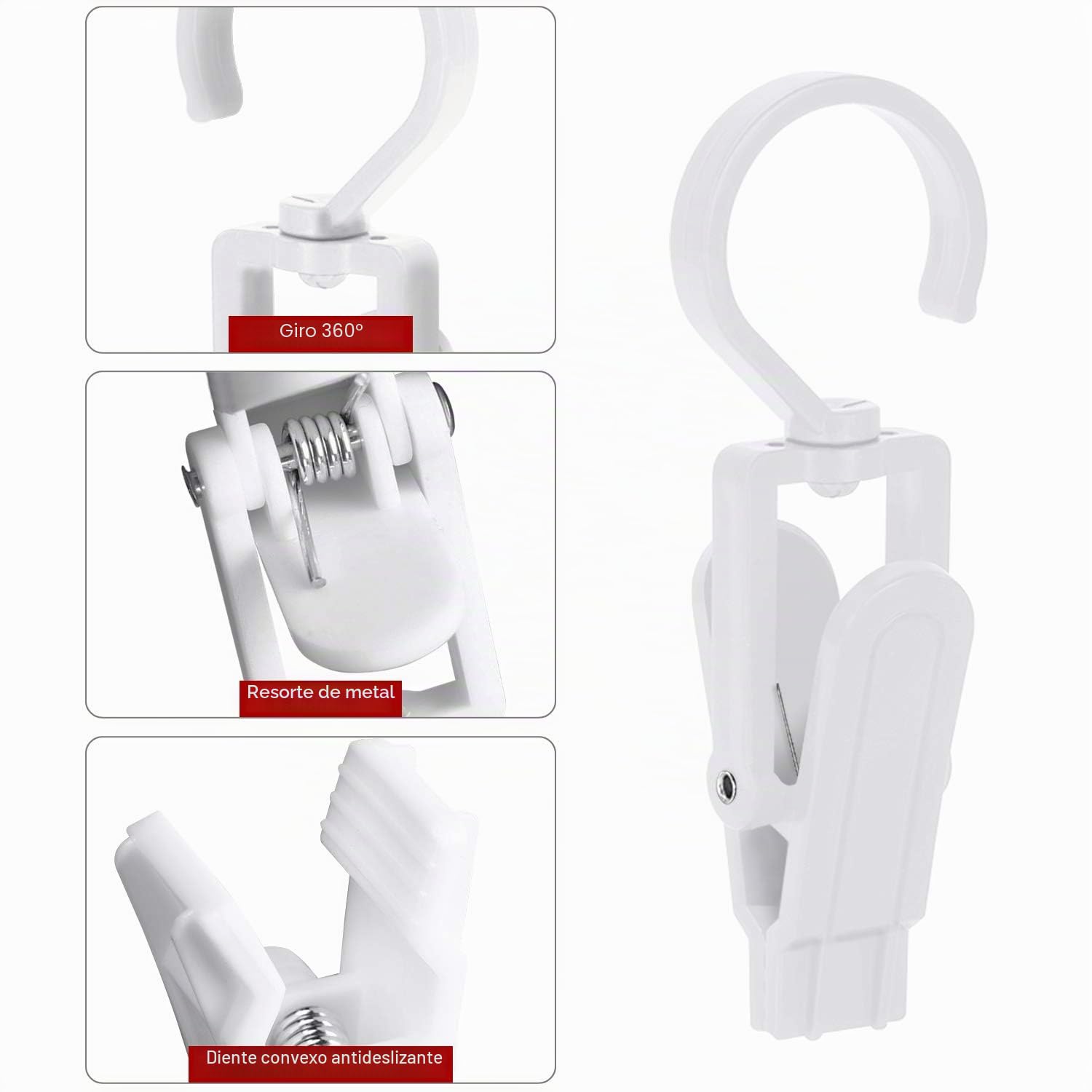 20 Grandes Pinzas Toalla Playa con Gancho,Clips de Plástico Rotación de 360 Grados,Pinza para Ropa,Botas,Sombrero,Cortinas (Blanco)
