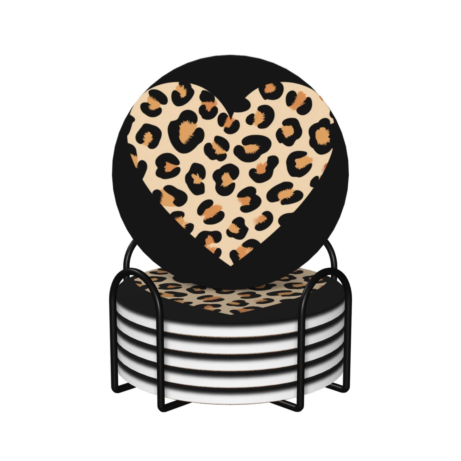 Retro Leopard Print Heart Cream Black Spots Ceramic Coasters with Holder 6ps