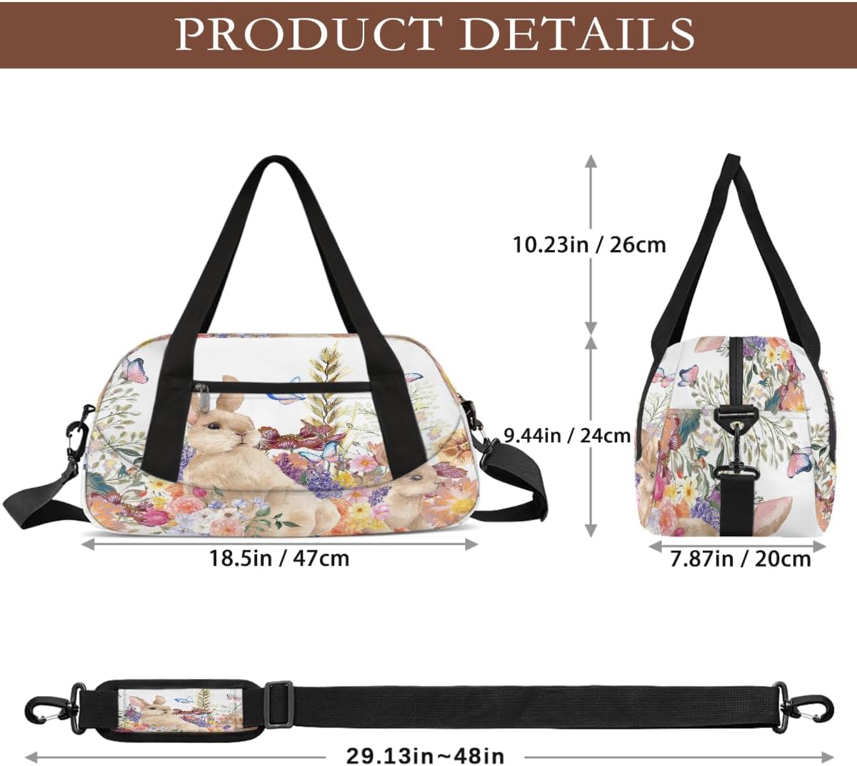 Kids Travel Duffle Bag Weekender Overnight Bag Gym Tote for Boy Girls Carry On Workout Duffel Bag(Watercolor Bunny Floral Butterfly)