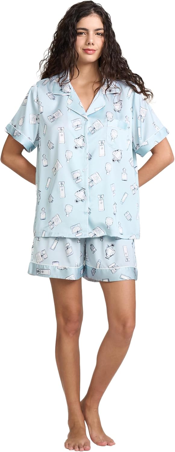 Womens Silk Satin Shorts Pajamas Set Button Down 2 Piece Pjs Short Sleeve Oversized Sleepwear with Pockets - Image 5
