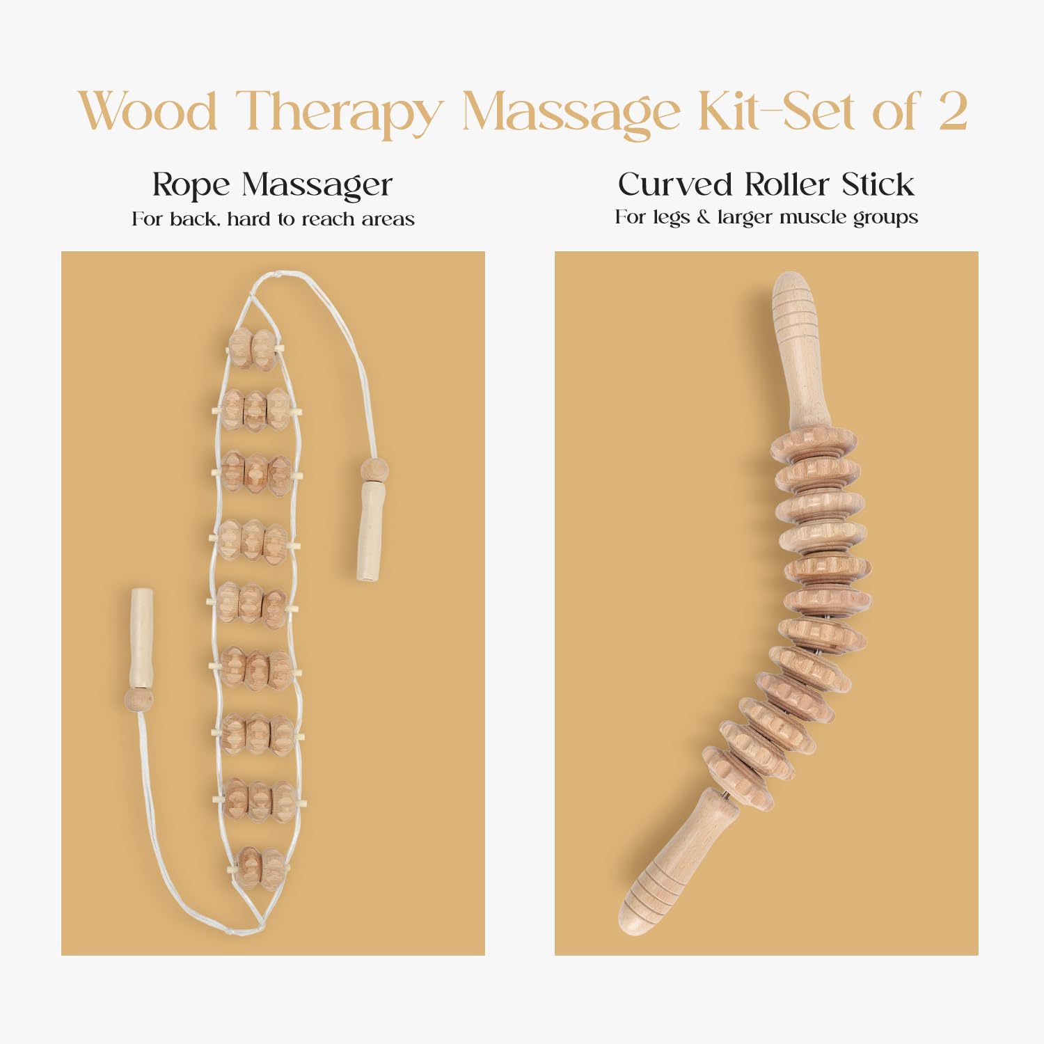 Mr.Woodware Wood Therapy Lot de 2 rouleaux de massage en bois pour drainage lymphatique incurvé et appareil de massage du dos avec corde – Outils de massage en bois pour sculpter le corps, sculpter,