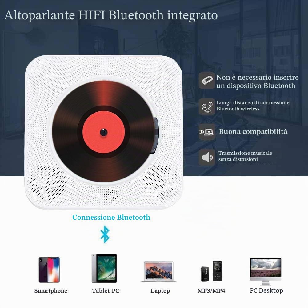 Lettore CD Portatile Bluetooth da Tavolo Montabile a Parete Altoparlanti Hifi Incorporati Boombox Audio Domestico con Telecomando (Bianco)