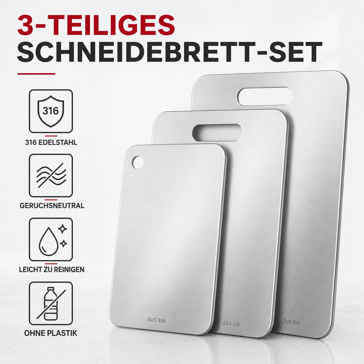 3 Stück Titan Schneidebrett, 304 Edelstahl Schneidebrett, Titanium Cutting Board, 2026 Erstklassige Titan-Schneidebretter, für Die Küche Im Freien Camping Wandern (29x20cm, 34x23cm und 39x28cm)
