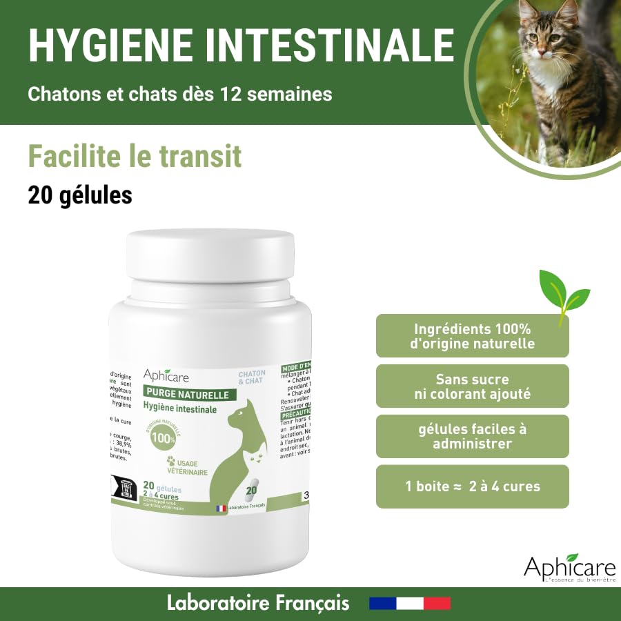 Hygiène intestinale - Confort intestinal - 20 gélules - levure de bière - 3 extrait végétaux - Complément Alimentaire - Chat et Chaton - Fabriqué en France