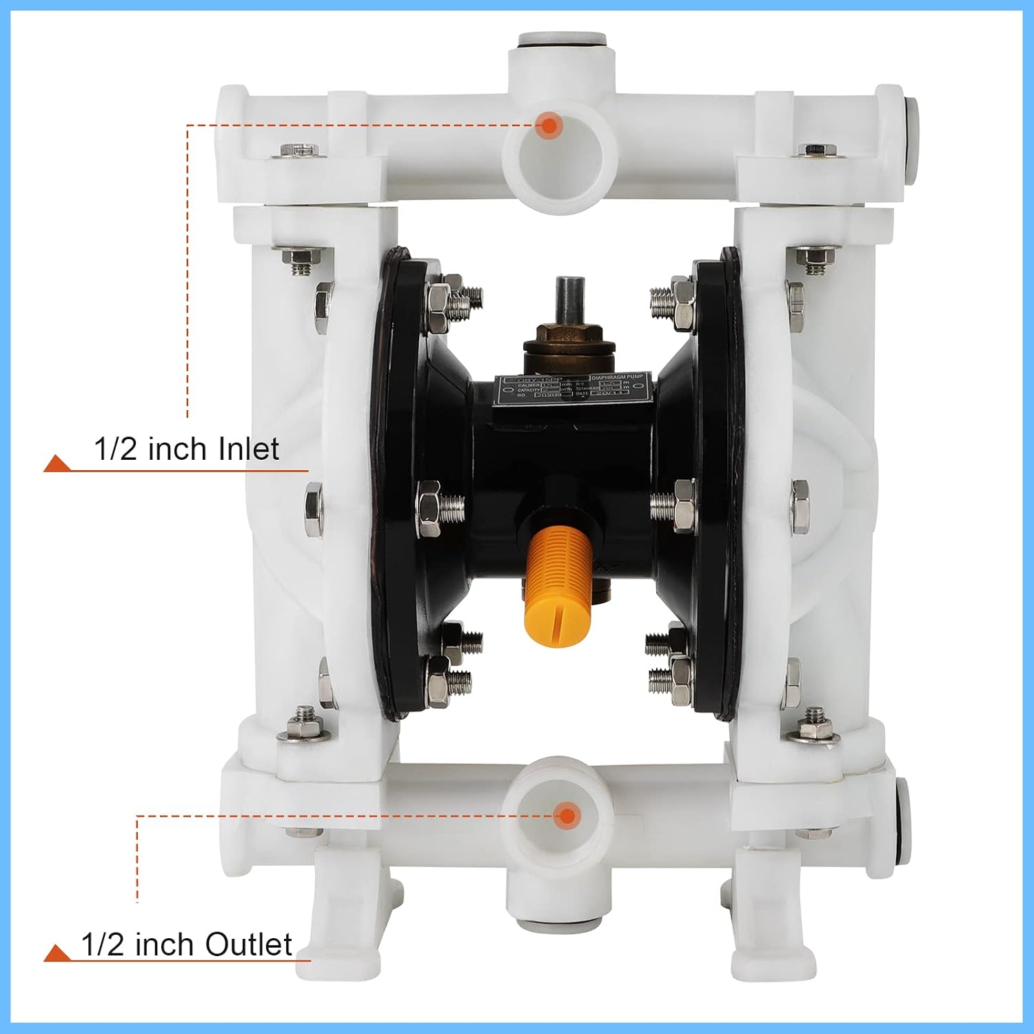 Air Operated Double Diaphragm Pump 1/2 inch Inlet Pneumatic Waste Oil Transfer Pump for Chemical QBK-15 10 GPM Dual Diaphram Polypropylene Nitrile Rubber by Stainless Steel Plastic Max 100 PSI