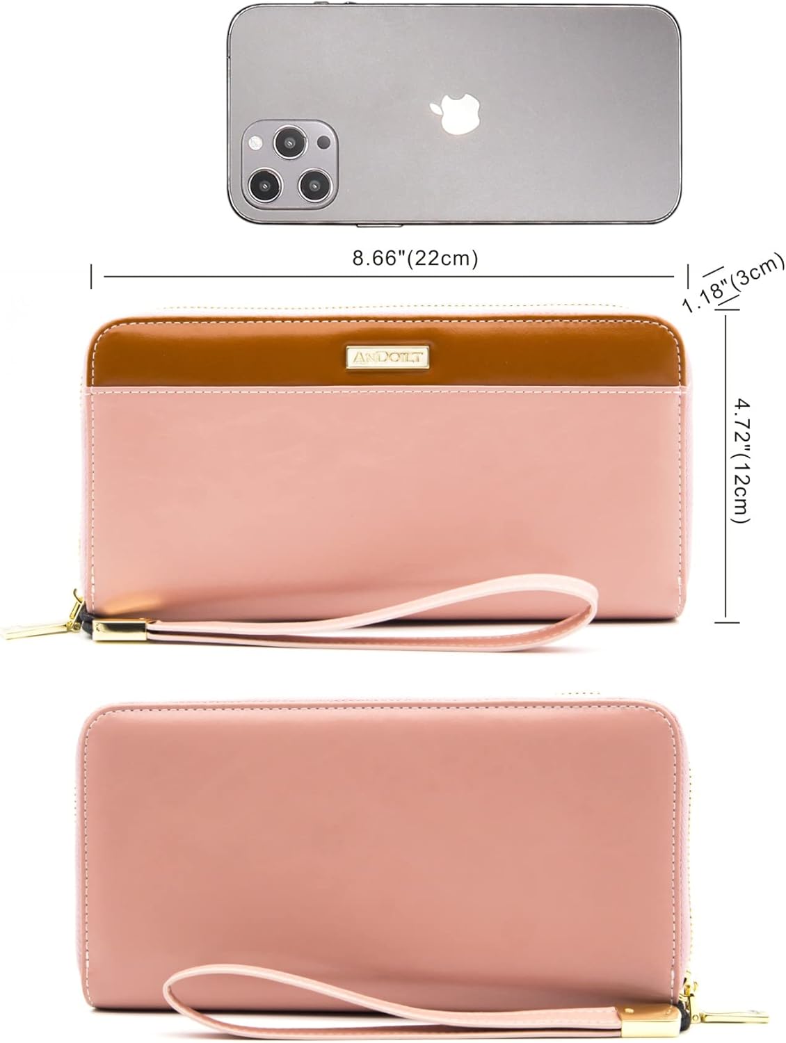 ANDOILT Womens RFID Blocking Genuine Leather Zip Around Wallets Large Cell Phone Holder Clutch Travel Purse Wristlet