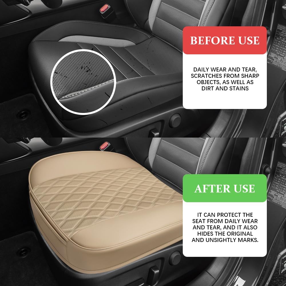 Leather Front Car Seat Cover, Anti-Slip Car Seat Bottom Covers, Full Wrapped Bottom Seat Protectors with Storage Pocket, Universal Comfortable Seat Cushion Fit Vehicles SUVs Trucks (Beige)