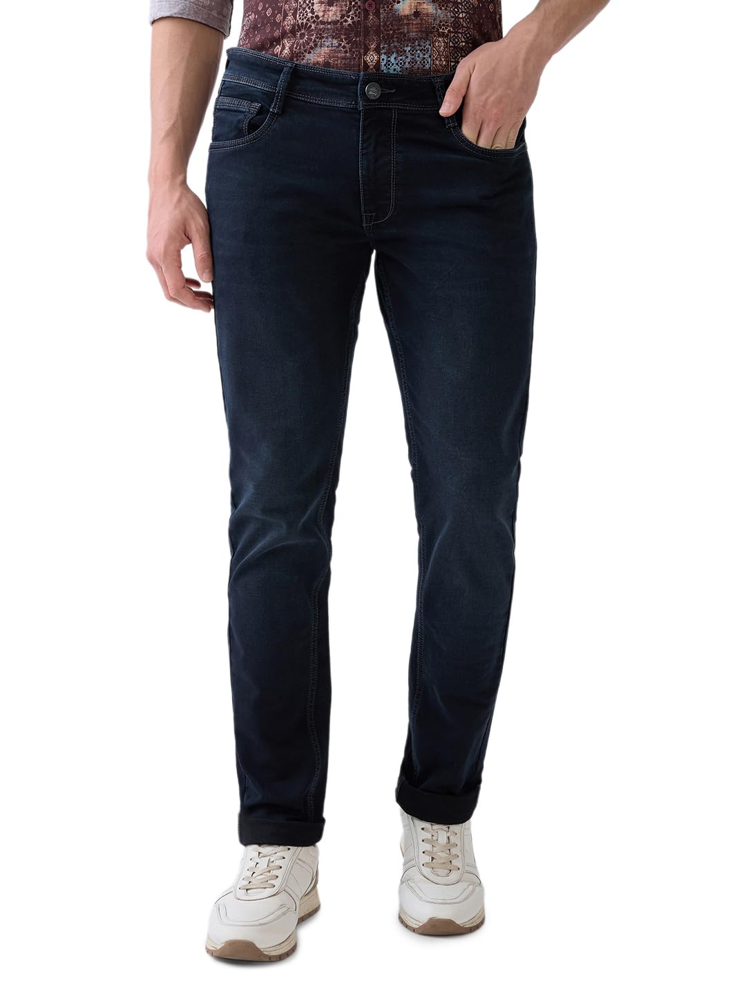 Parx Men Low Rise Tapered Fit Knitted Pattern Cotton Polyester Blend Flat Front Jeans