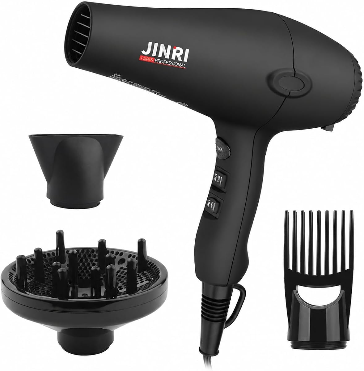 Secador de pelo profesional de turmalina JINRI 1875w, secador de pelo de salón | Secador de pelo iónico negativo, peso ligero con motor de CC y bajo nivel de ruido con difusor, concentrador y peine para salón en casa