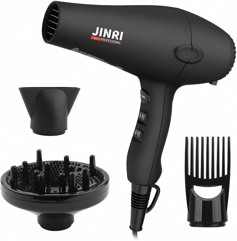 Secador de pelo profesional de turmalina JINRI 1875w, secador de pelo de salón | Secador de pelo iónico negativo, peso ligero con motor de CC y bajo nivel de ruido con difusor, concentrador y peine para salón en casa