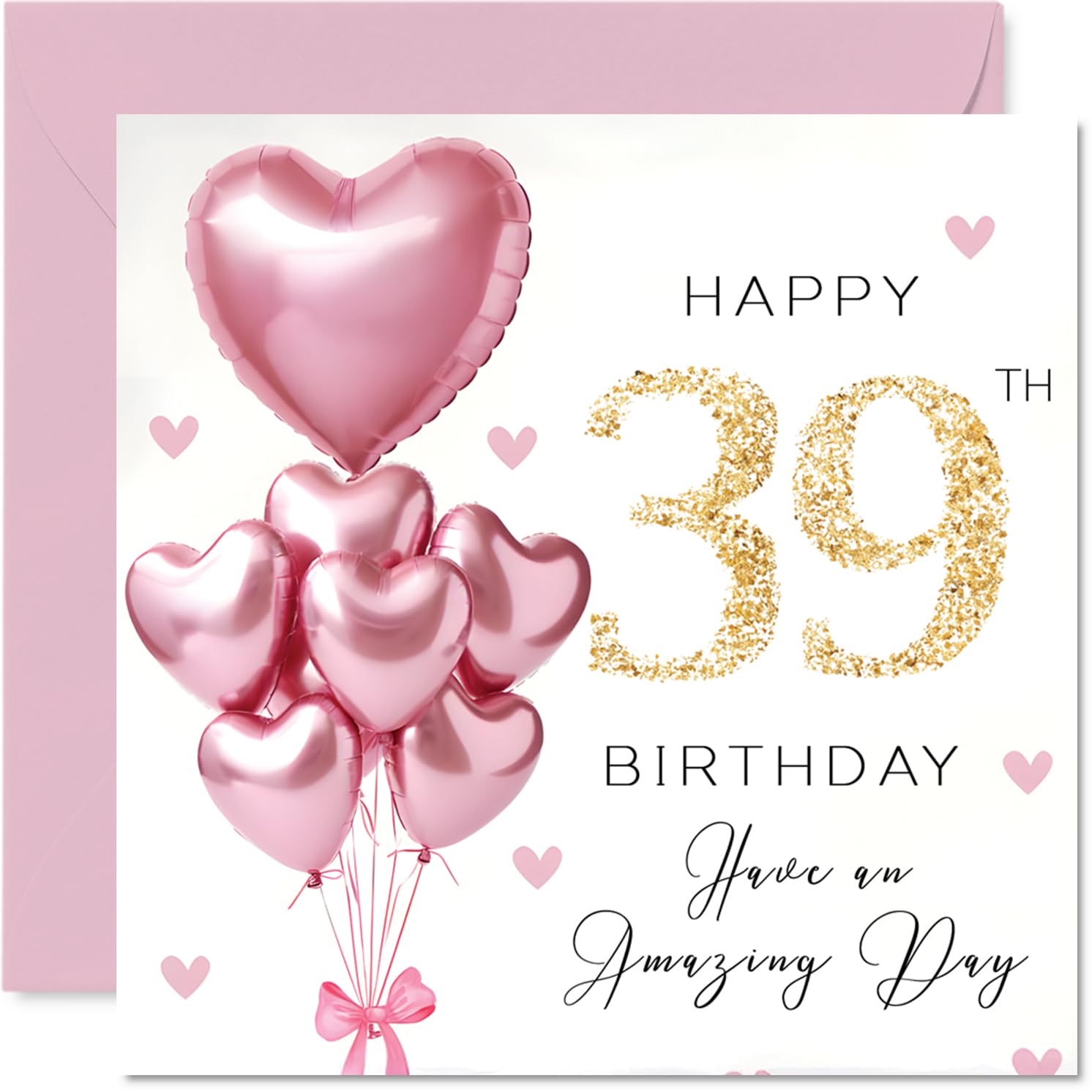 39th Birthday Cards for Women - Pink Glitter Balloons - Happy Birthday Card for 39 Year Old Woman Auntie Wife Sister Friend, 145mm Bday Greeting Cards