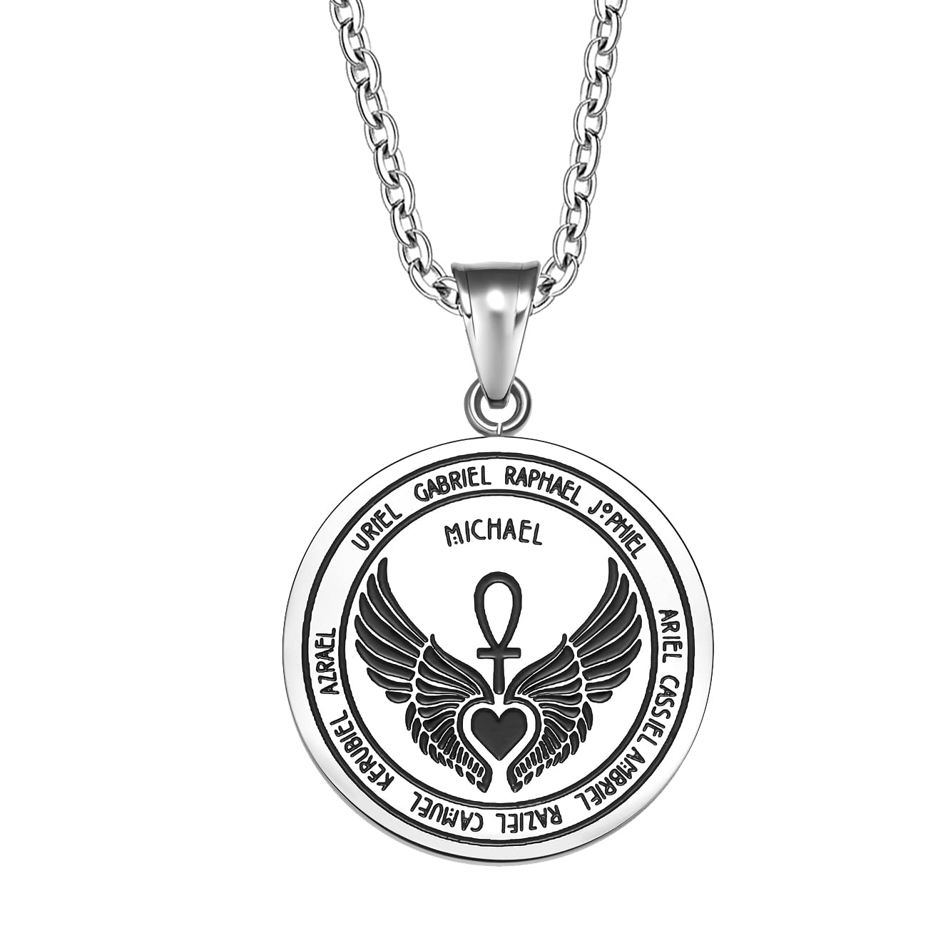 Magic Human Guardian Angel Necklace - 12 Engraved Archangels Medallion - Sacred Ankh and Wings Protection Amulet
