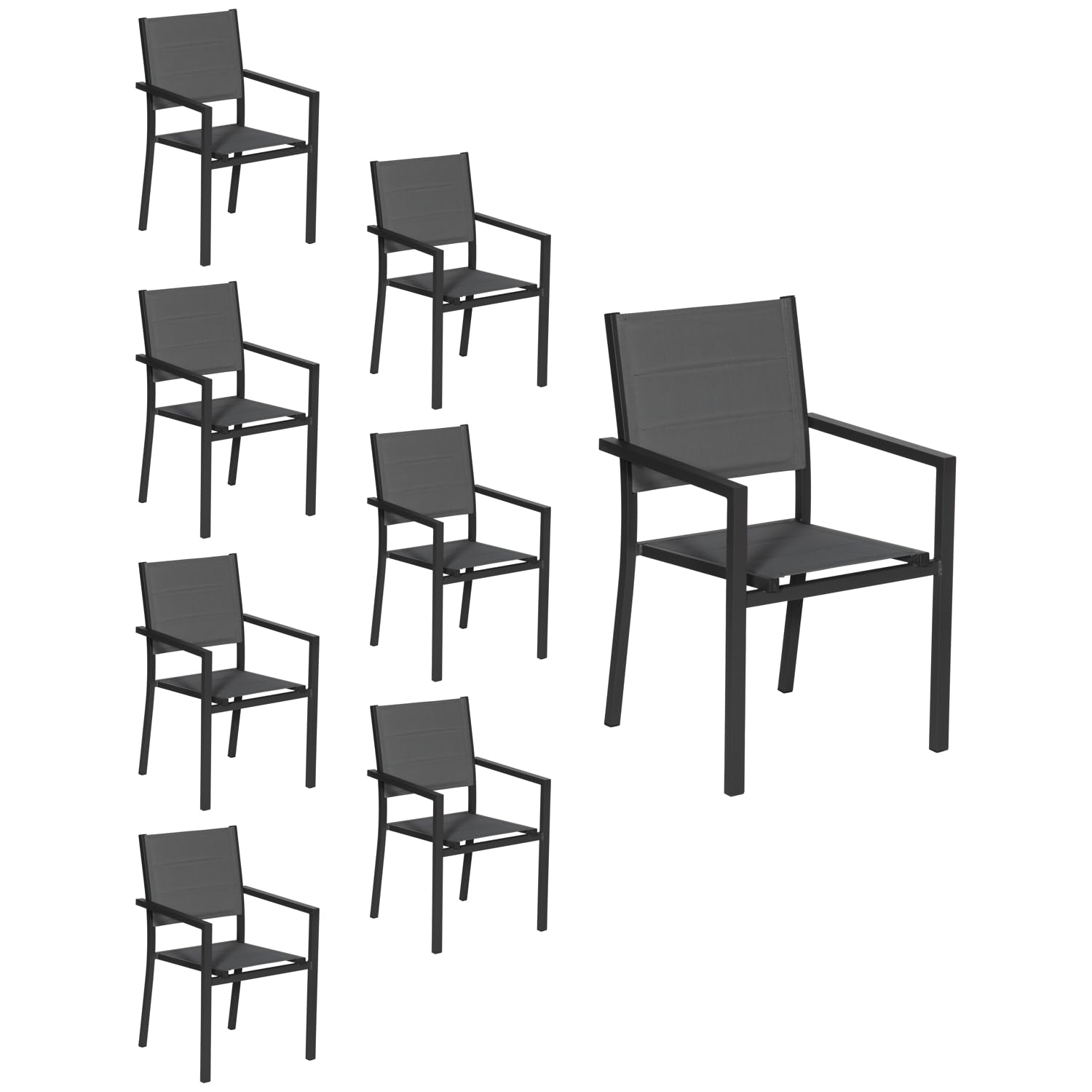 Happy Garden Lot de 8 chaises rembourrées en Aluminium Anthracite - textilène Gris
