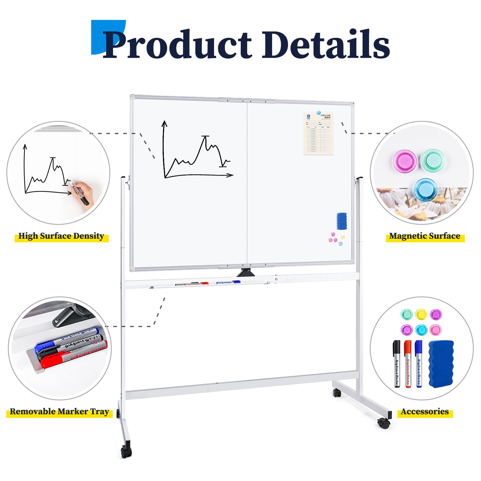 maxtek Lavagna Bianca Mobile con Supporto 180 x 100 cm, Grande Lavagna Cancellabile Magnetica Double Face, Cadre en Aluminium, Capovolgimenti 360° su Ruote, per Casa, Ufficio, Scuola