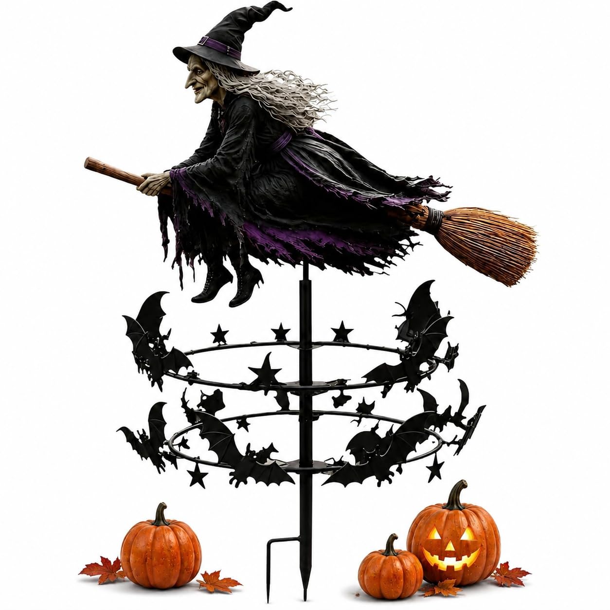 Zaczarowany magiczny wiatraczek ogrodowy czarownicy, dekoracje na Halloween | Latająca wiedźma i wiatrak nietoperza, stabilny słupek gruntowy, do ścieżki trawnika na patio(2pcs)