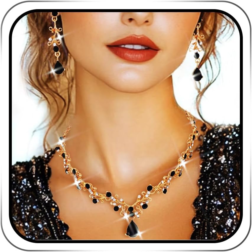 EARENT Rhinestone Bridal Wedding Jewelry Sets Sparkly Black Crystal Necklace and Earrings Set Dressy Prom Formal Necklaces for Women