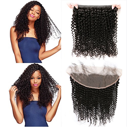 Lace Frontal Closure Ear To Ear Kinky Curly Frontal Free Part Bleached Knots With Baby Hair Single 8A 100 Unprocessed Virgin Brazilian Human Hair Extensions Natural Color 12 Inch