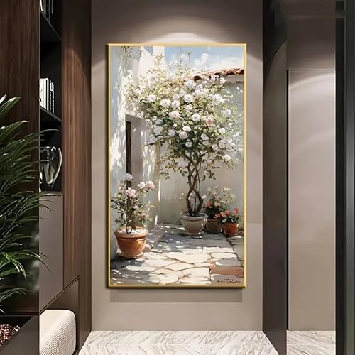 SDVIB Modern Abstract Canvas Art Serene Mediterranean Scene with Blooming Flowers & Lush Greenery for Living Room(40x80cm/ Frameless)