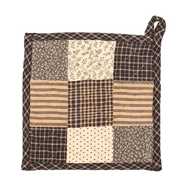 VHC Brands Kettle Grove Patchwork Blocks Pot Holder 8x8 Primitive Country Patchwork Kitchen Tabletop Design, Country Black and Creme