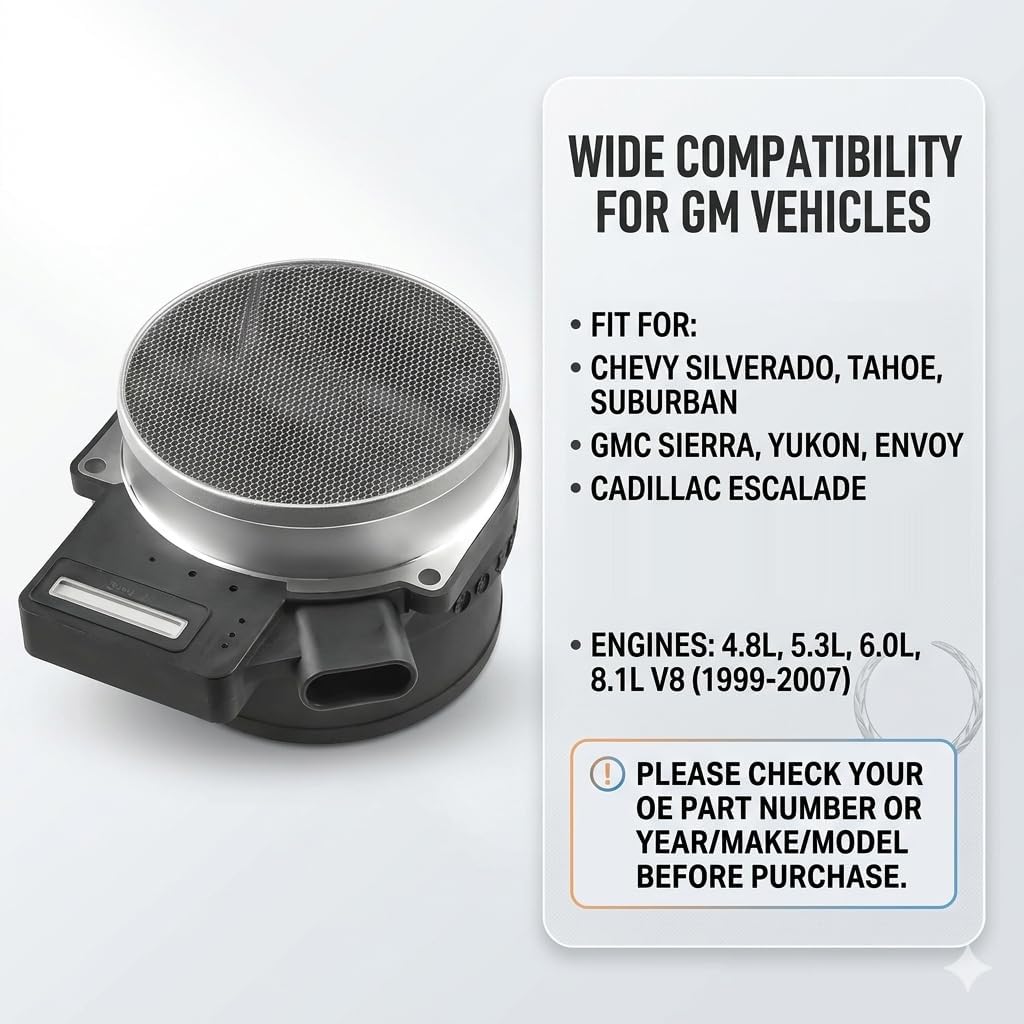 25168491 Mass Air Flow Sensor MAF Compatible with Chevy Silverado 1500 2500, Suburban, Tahoe, GMC Sierra, Yukon, Cadillac Escalade 4.8L 5.3L 6.0L 8.1L 1999-2007 Replaces AF10043, 25318411