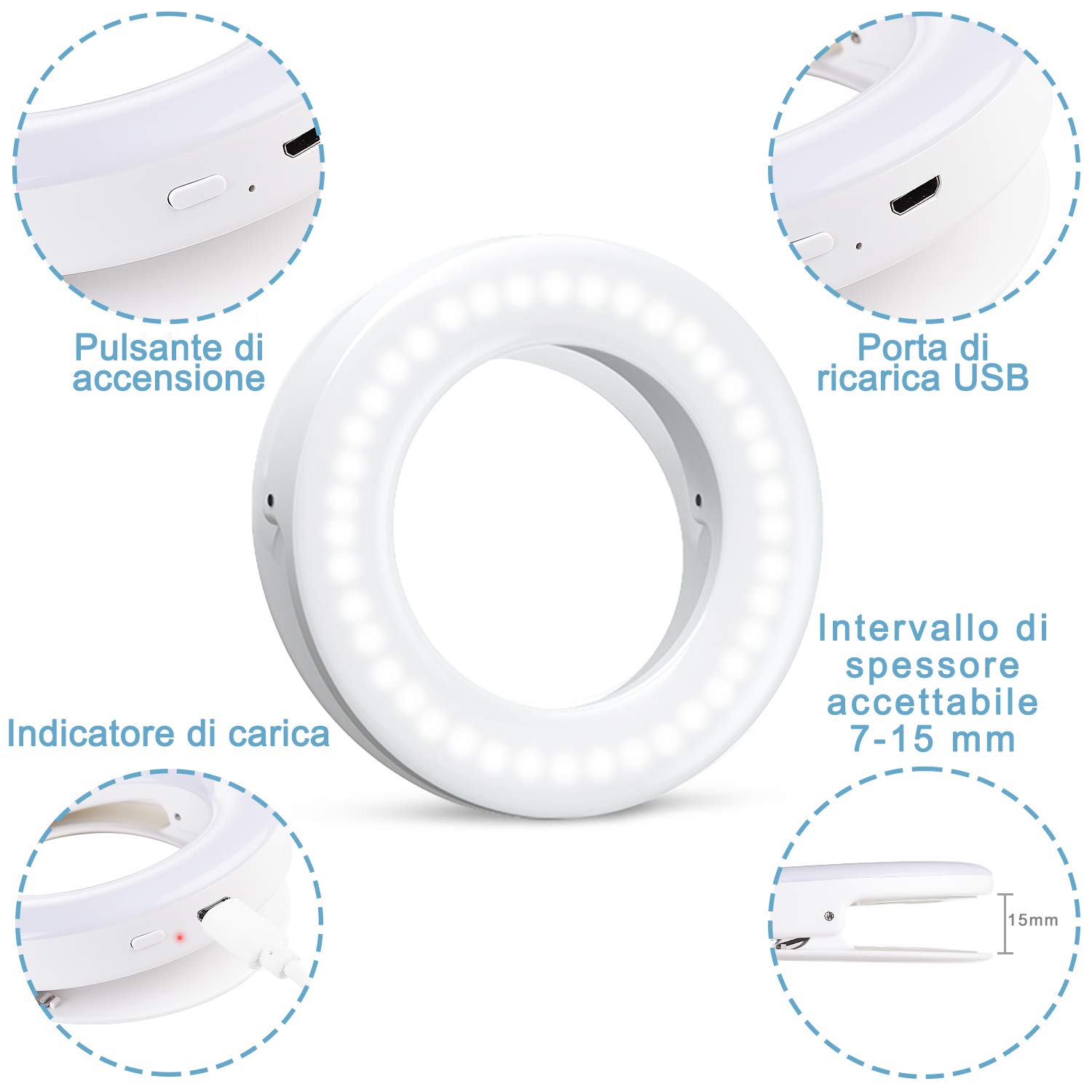 Diyife Selfie Ring Light Ricaricabile 3 Livelli Luminosità 40 LED con Clip per Telefono YouTube Facebook Live Stream
