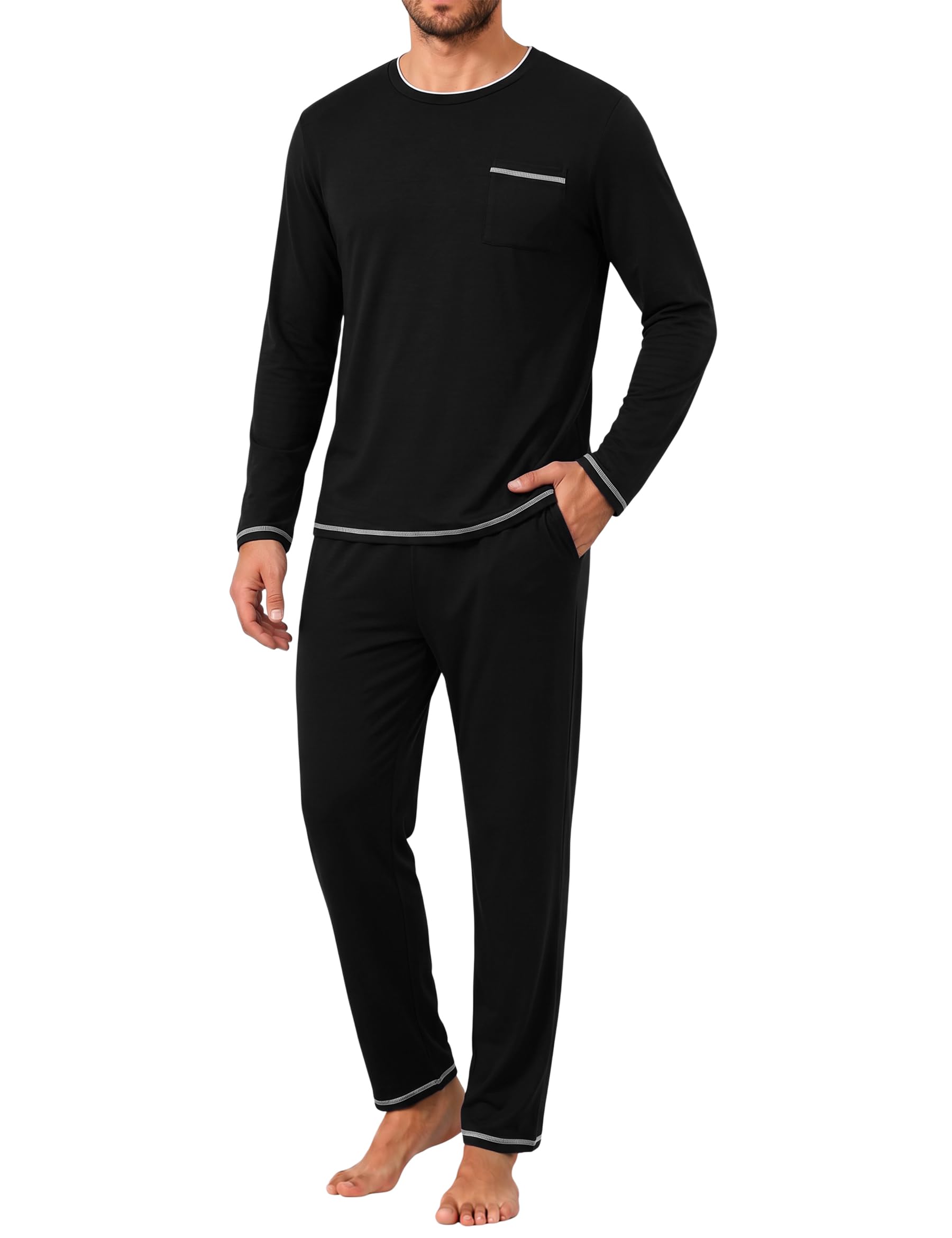 Demegimi Pigiama Uomo Cotone Lungo Pigiami Invernale Due Pezzi  con Tasche | Pigiami Due Pezzi, Maniche Lunghe, Pantaloni Lunghi, Tasche, Vestibilità Ampia, Contrasto, Comoda, Inverno, Casa e Notte