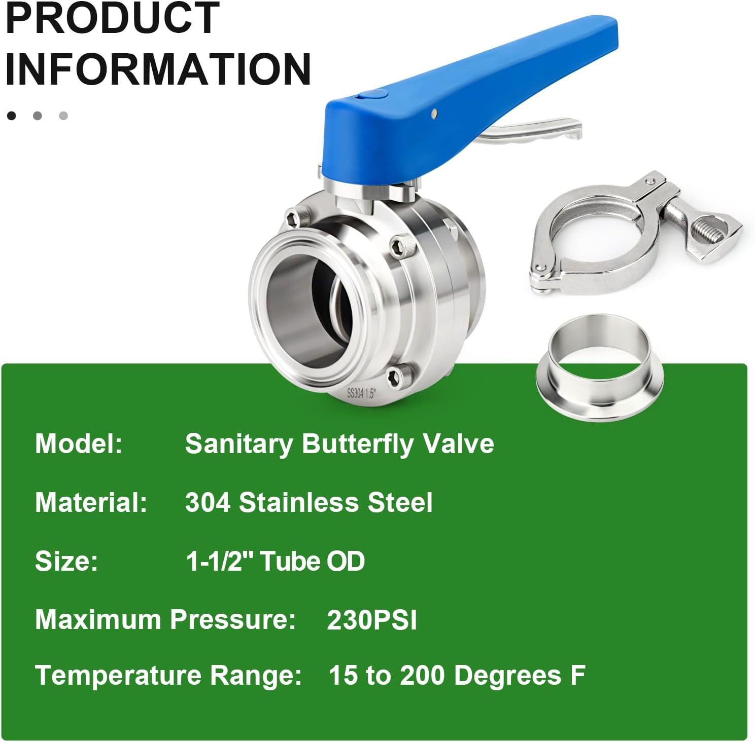 TAISHER 1PCS 304 Stainless Steel 1.5" Tube OD Butterfly Valve Kit 1.5" Tri Clamp 50.5MM Ferrule Flange