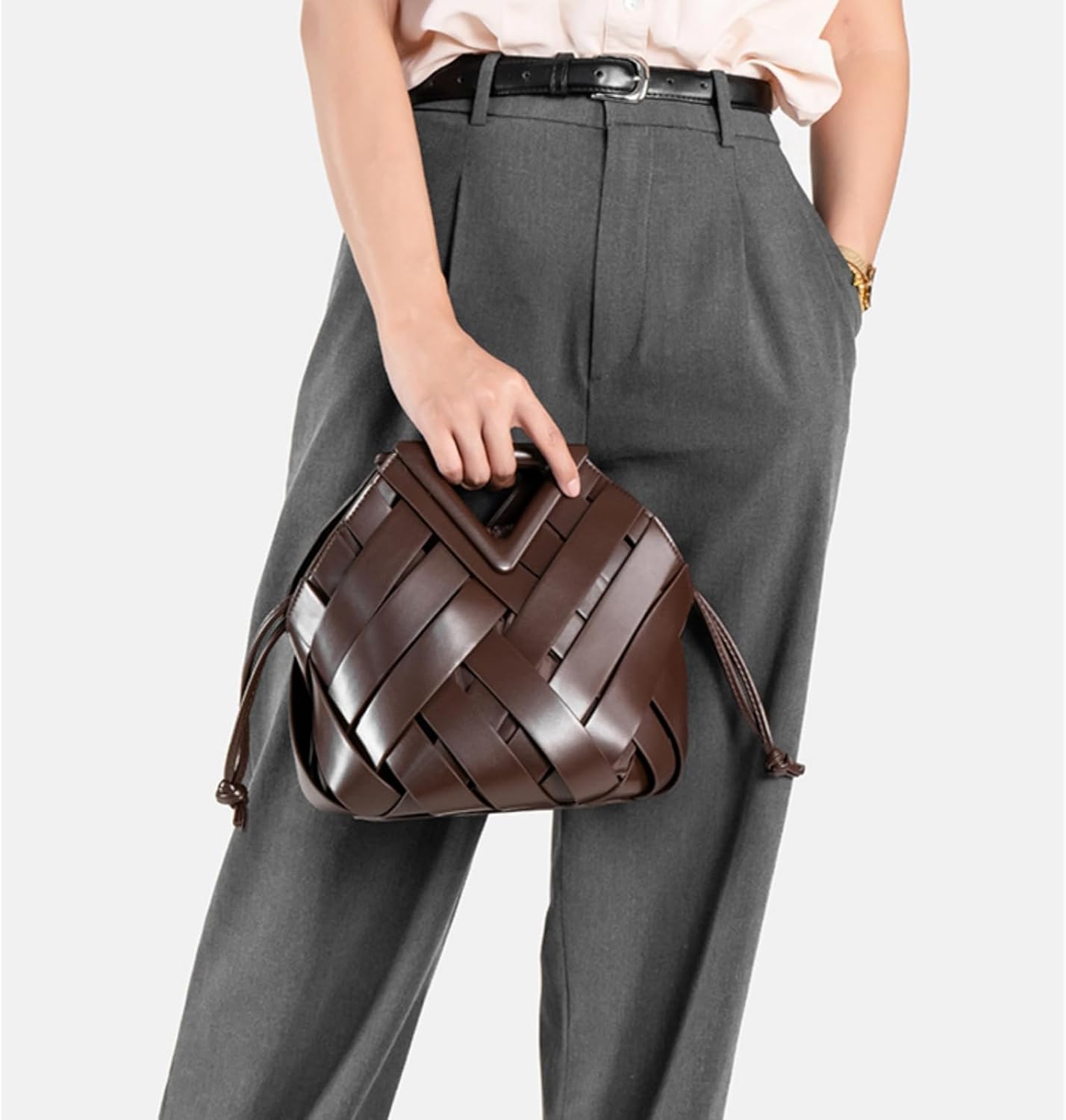 Woven Bucket Crossbody Bags for Women, Retro Leather Tote Handbag Top-handle Hobo Purse Inverted Triangle Shoulder Bag - Image 2