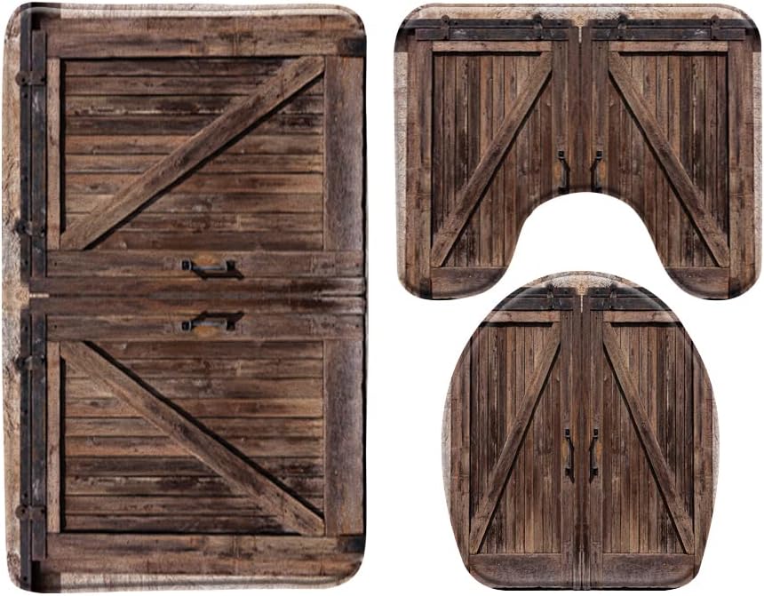 Juego de 3 tapetes de baño rústicos para puerta de granero, estilo vintage, tablero de madera, estilo retro, estilo occidental, tapete de baño,