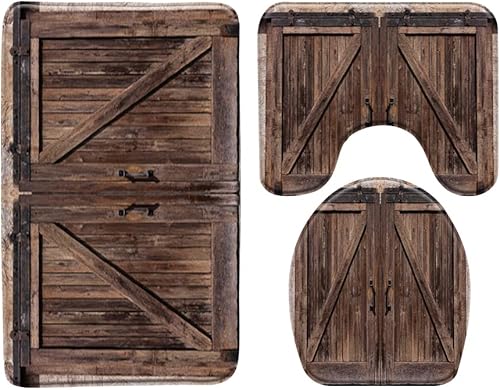 Juego de 3 tapetes de baño rústicos para puerta de granero, estilo vintage, tablero de madera, estilo retro, estilo occidental, tapete de baño,