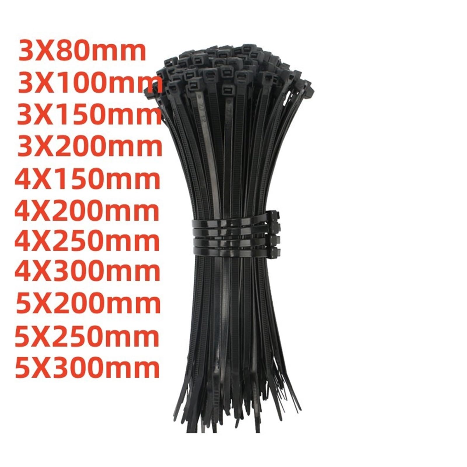 Surtido de bridas para cables,Bridas para cables, Brida de nailon de plástico autoblocante, 100 unidades, brida negra 5X300(5x300mm)