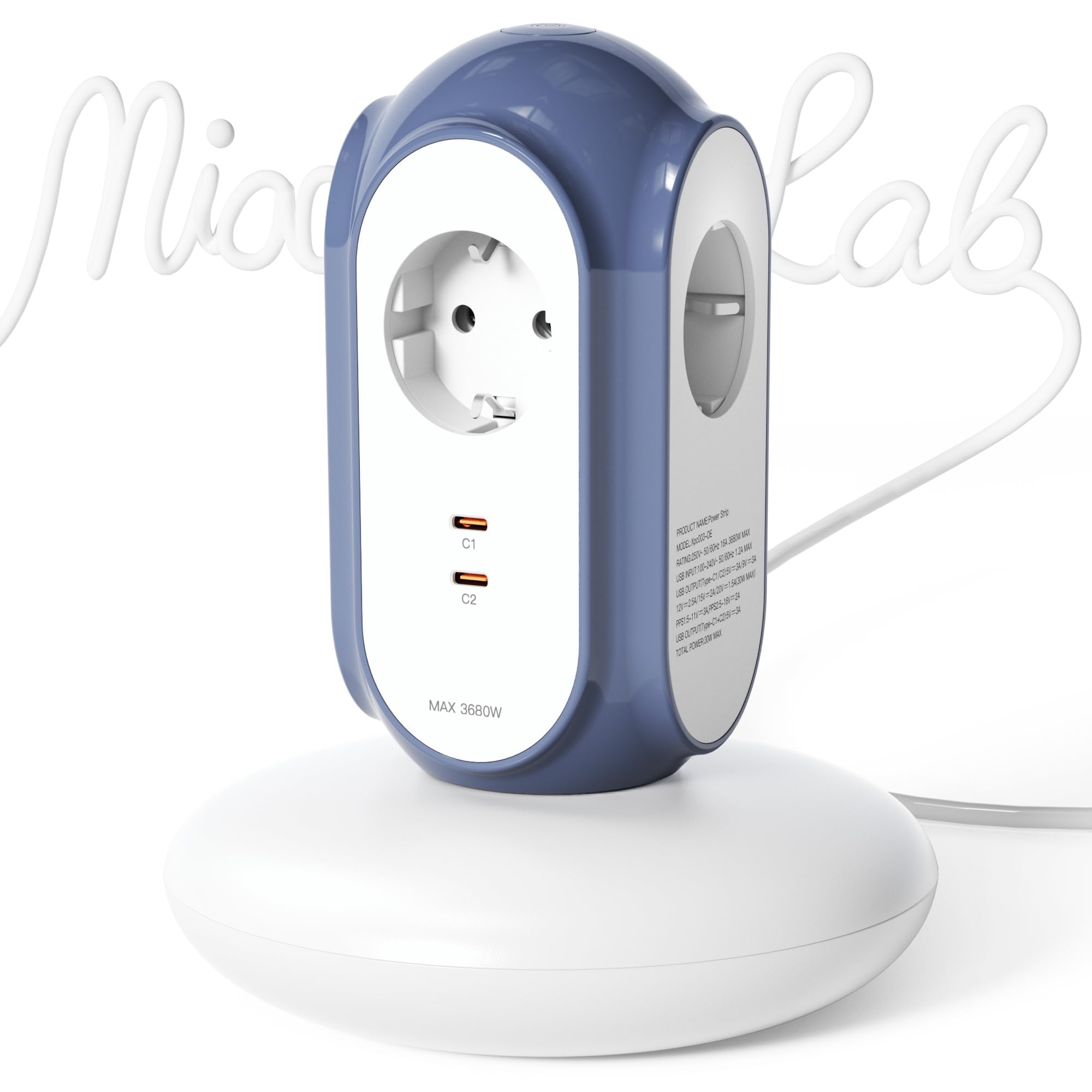 MiaoLab Listwa zasilająca z 3 gniazdami wtykowymi i 2 USB-C (szybkie ładowanie 30 W), 3680 W/16 A, ochrona przed przepięciem 1420J, podstawa 479 g, przedłużacz 2 m, zabezpieczenie przed przeciążeniem