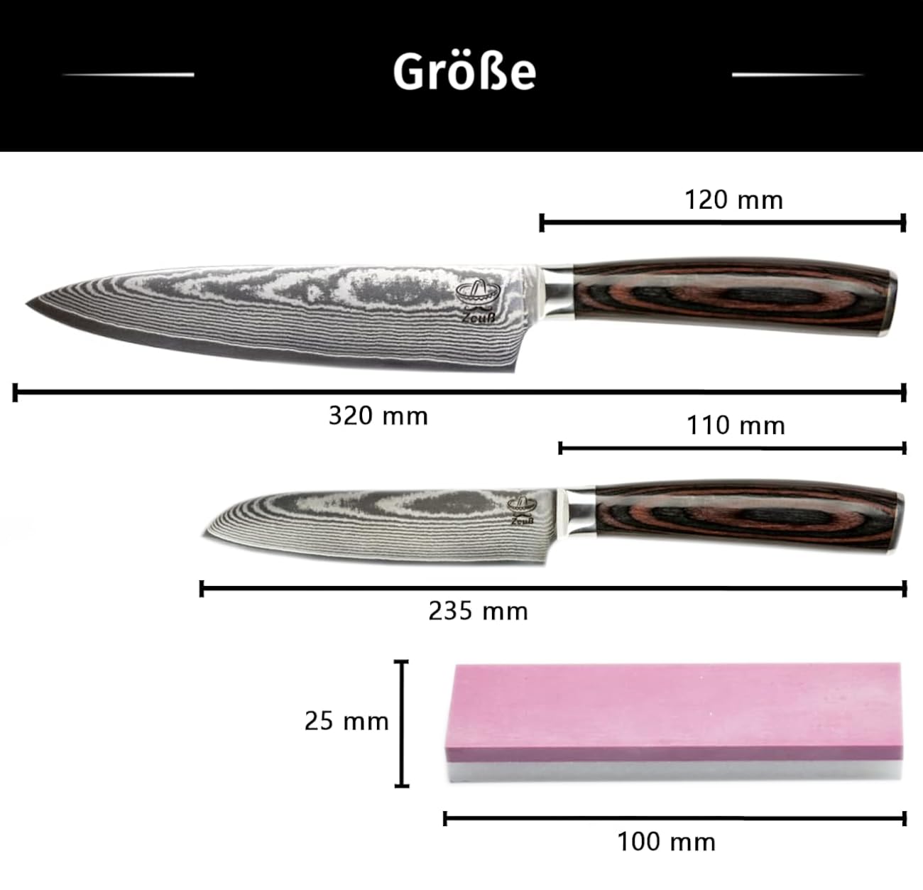 Damastmesser Set 2er (32 cm und 24 cm) TÜV geprüfter 62 HRC Damaststahl aus 67 Lagen I Damast Küchenmesser Set mit Chefmesser Santokumesser Schleifstein Holzgriff Klingenschutz & Geschenkbox