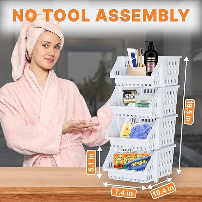 TidyFriend Small Plastic Stackable Storage Bins for Pantry, 4-Pack Small Open Front Storage Bins, Toy Organizers, Kitchen, Bathroom Essentials (White)