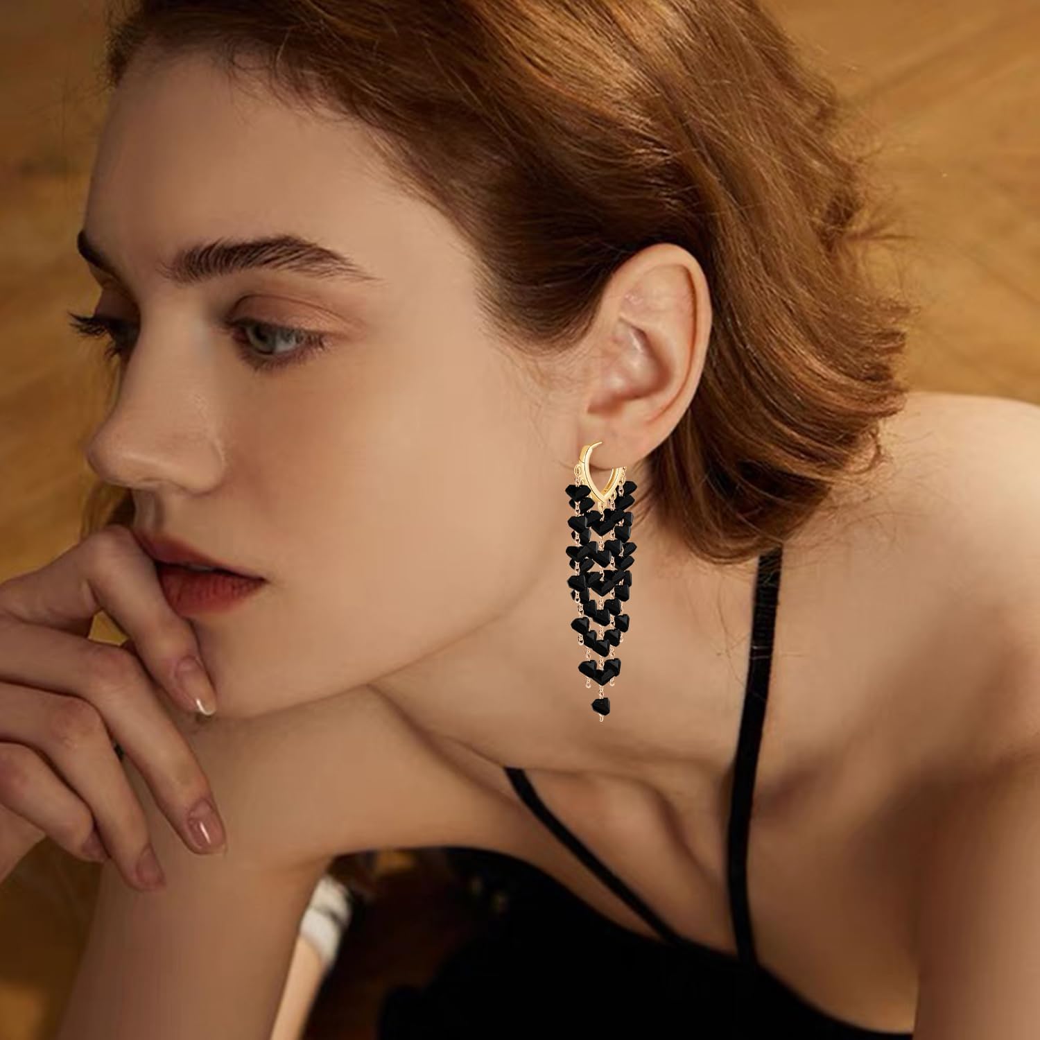 Bohemian Acrylic 14K Gold Love Heart Fringe Lightweight Dangle Drop Earrings Chandelier Long Tassel Hoop Earrings for Women - Image 3