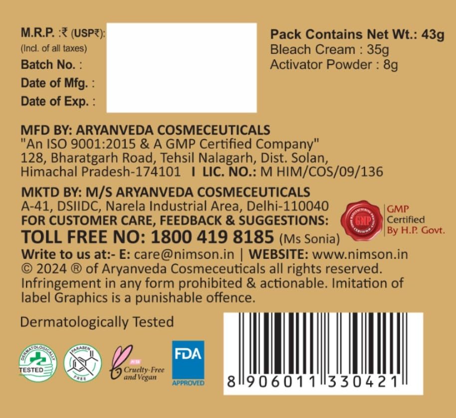 Aryanveda 24 Carat Gold Bleach Cream For Golden Glow From Within & Reducing Blemishes, Removes Tan & Impurities, Glowing Skin, Beautiful Skin for Men and Women - 43g