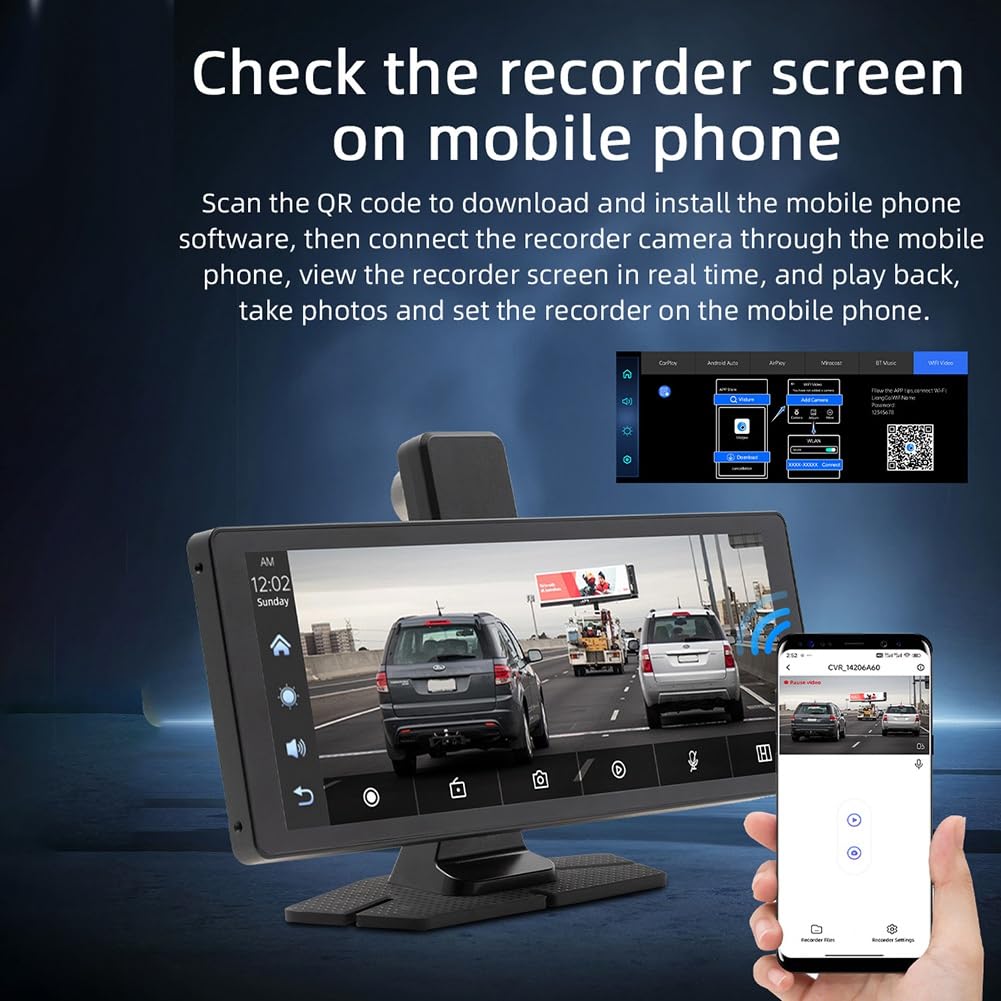 Écran Portable GPS de 10,26 Pouces avec Lecteur MP5 Bluetooth pour Voiture, Carplay sans, Enregistreur de Conduite et Prise en Charge 4K.