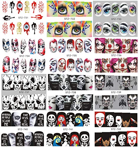 25 Sheets Halloween Nail Stickers Day Of The Dead Water Transfer Nail Decals Skull Ghost Eye Hulk Clown Witch Nail Art Stickers Halloween Party Supply Favors Manicure Tips Charms Decoration #TOP3