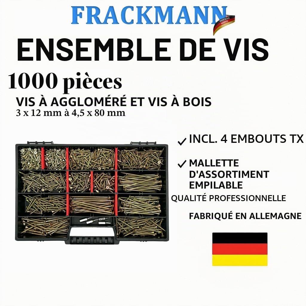 FRACKMANN Lot de 1000 vis à bois et à panneaux d'aggloméré 3 x 12 à 4,5 x 80 mm avec 4 embouts TX et mallette d'assortiment, qualité professionnelle, fabriqué en Allemagne
