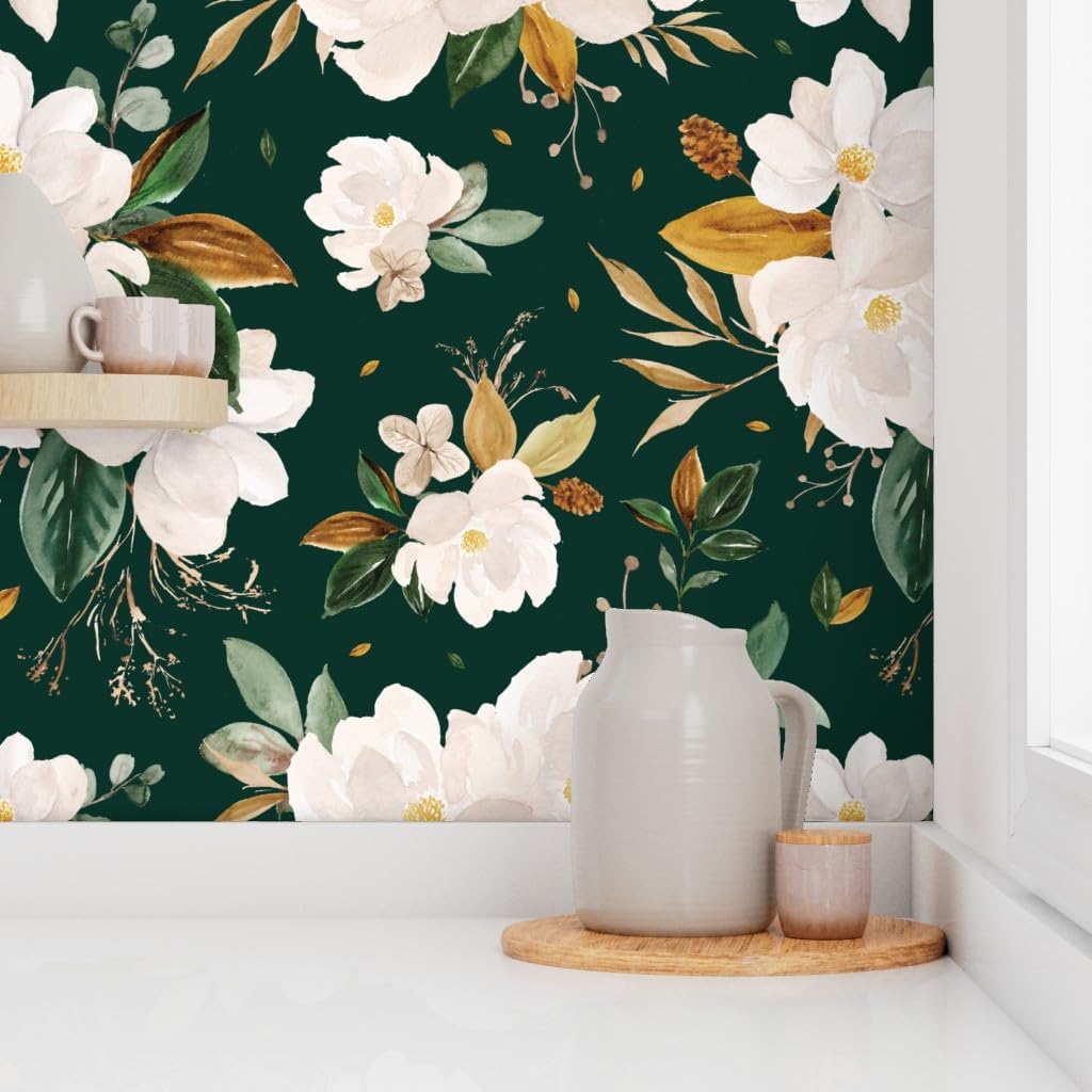 Peel & Stick Wallpaper 3ft x 2ft - Gold Floral Monstera Green Background Flower White Custom Removable Wallpaper by Spoonflower