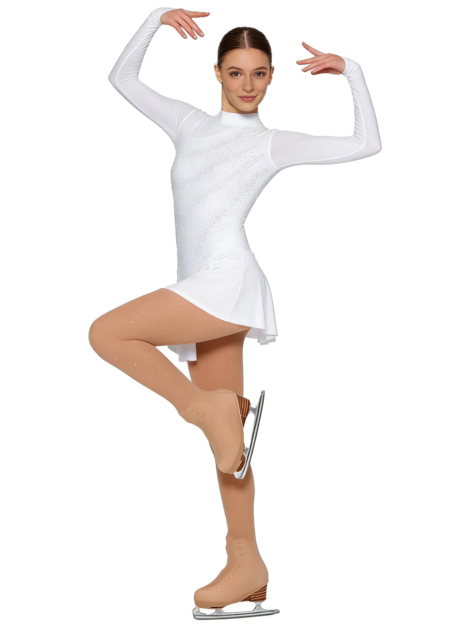 Yhong Vestido de patinaje artístico para mujer, manga larga, con medias de malla, empalme, vestido de baile, maillot con falda plisada