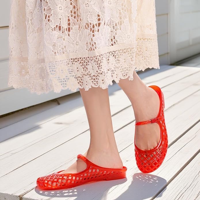 Mary Jane Jelly Mesh Hollow Flat Sandals for Women, Closed Cute Trendy No Slip Causal Comfortable Closed Toe Flat Jelly Sandals, Summer Mesh Walking Lightweight Running Beach Travel3