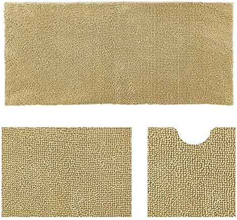 Madeals 21 x 54 Inches Long Bath Rug for Bathroom Runner Rug Non Slip Shag Chenille Bathroom Rug Set 2 Piece and U Shaped Toilet Rug Beige