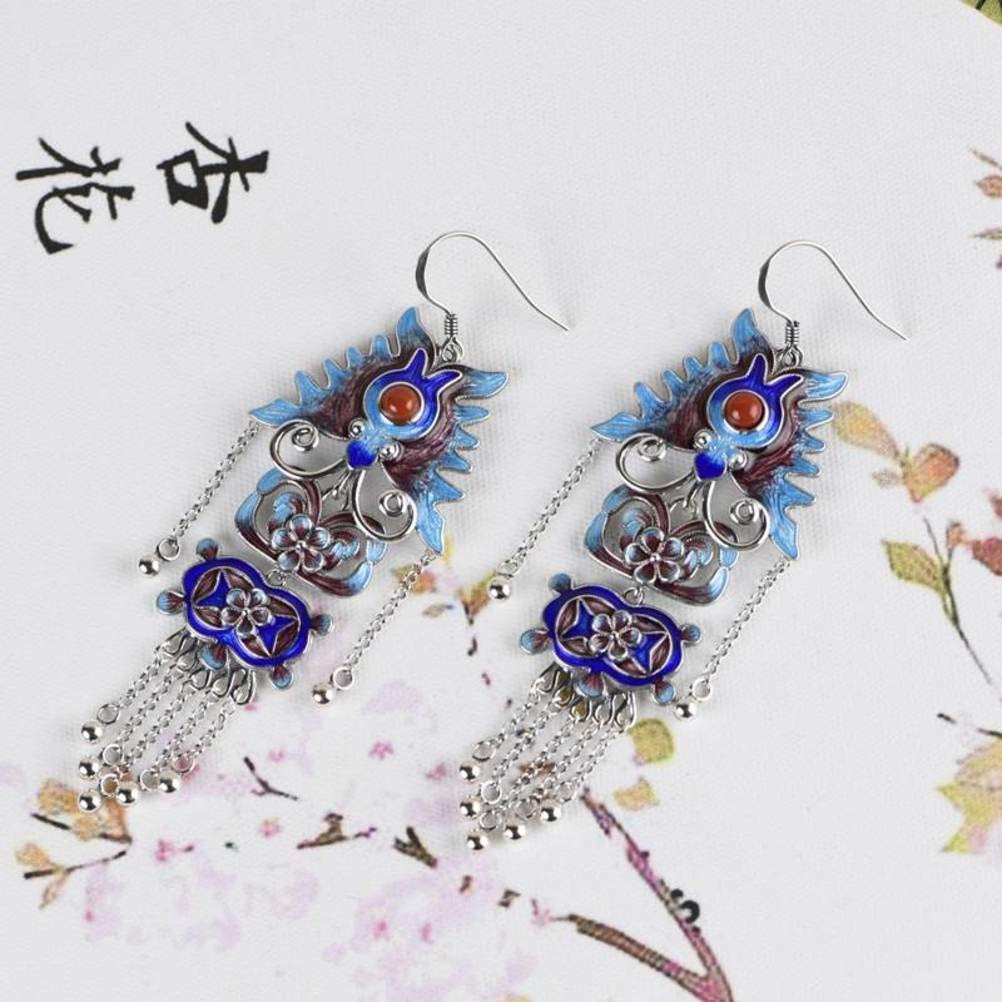 Orecchini In Argento S925 Sujin Artigianali – Fiori Blu Bruciati Con Calcedonio Giallo, Stile Cinese (Hibiscus)