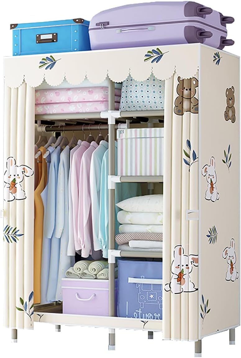 Closet for Bedroom Metal Wardrobe Closet with Hanging Rod and 5 Storage Shelves Portable Closets for Hanging Clothes Easy to Assemble (Color : Beige -2, Size : 103x45x170cm)